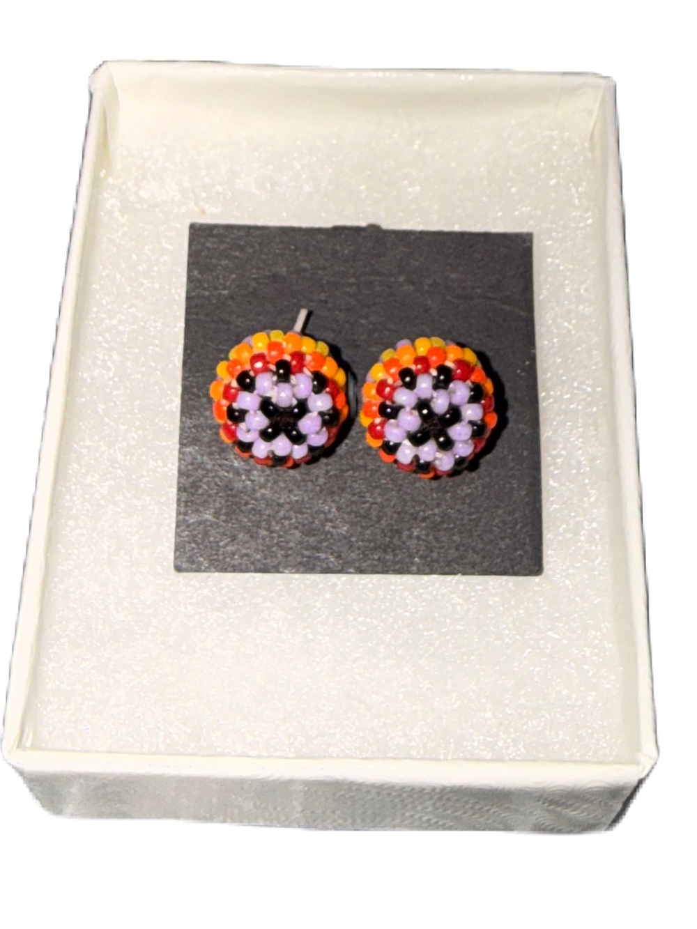 Native American Handcrafted Beaded Stud Earrings Orange Pink Purple & Black New